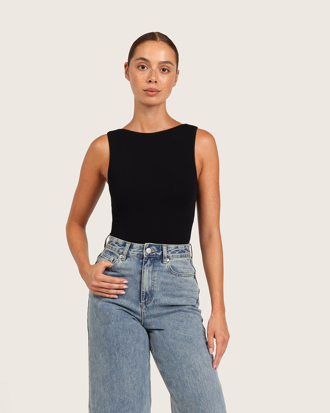 Ribbed Boat Neck Bodysuit - Black