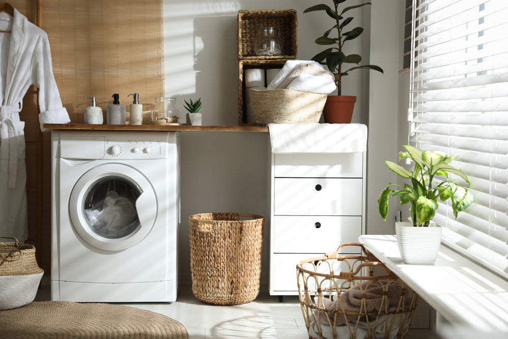 Stylish bathroom interior with modern washing machine