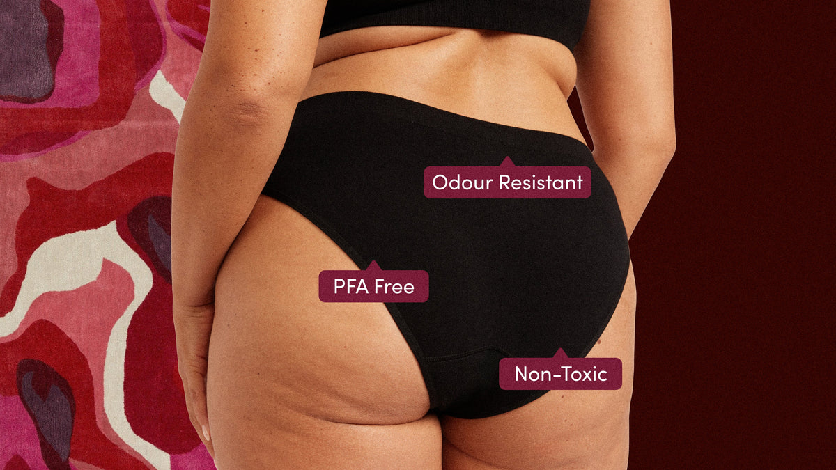 Woman wearing black period underwear with PFA free, odour resistant and non-toxic callouts