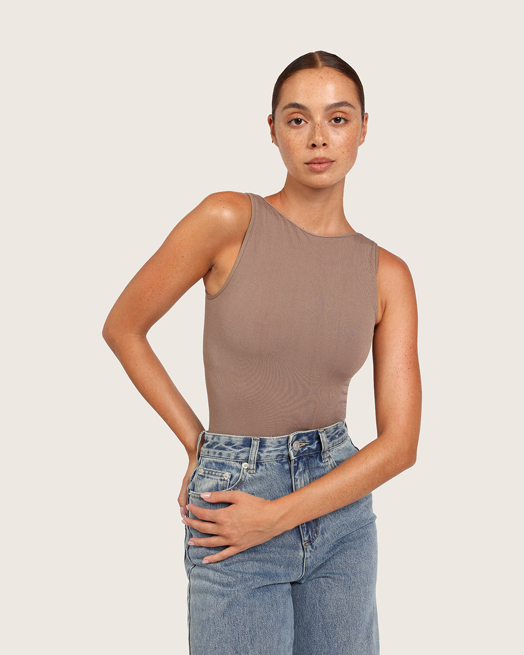 Ribbed Boat Neck Bodysuit - Taupe