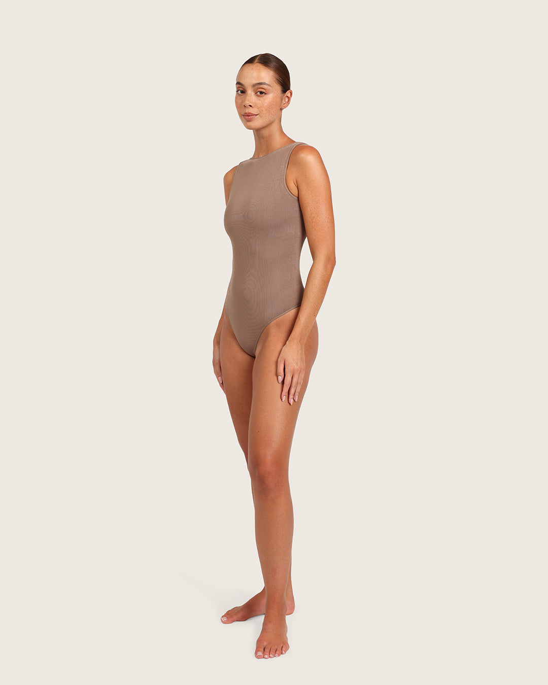 Ribbed Boat Neck Bodysuit - Taupe